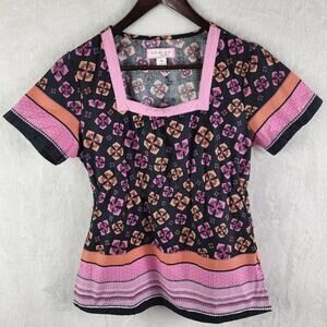 KOI Scrub Top Women S Black Pink Orange Floral & Stripes Kathy Peterson 119PR